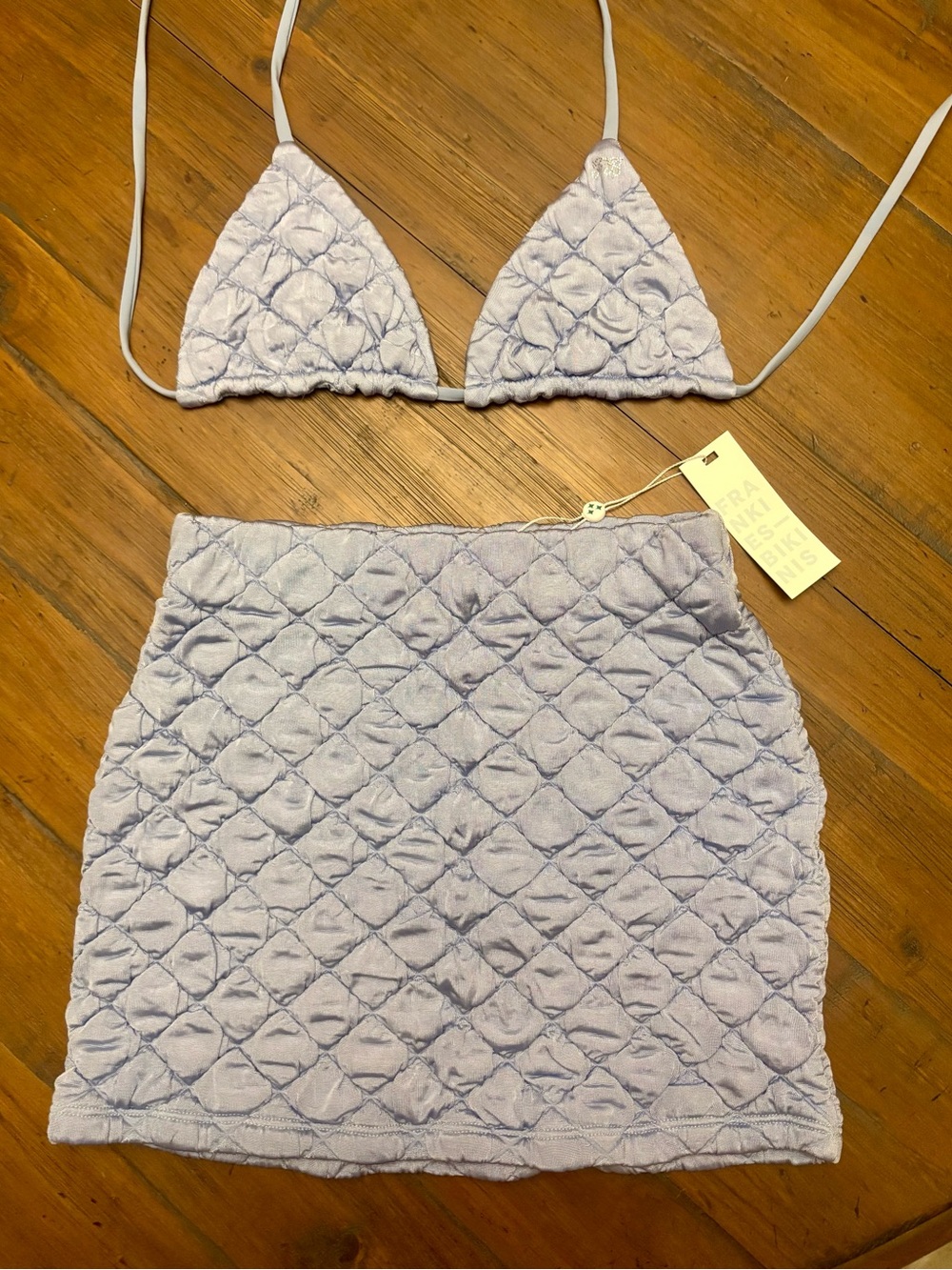 NWT Frankie’s bikinis quilted blue puff triangle top and skirt set
